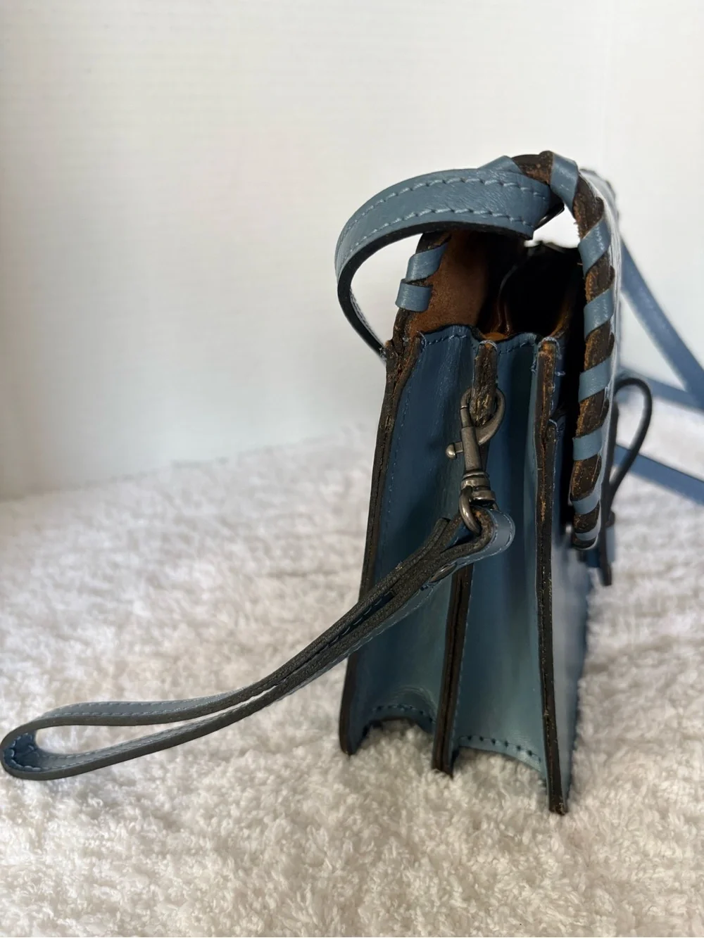 Patricia Nash Lanza Tooled Leather Crossbody Bag Blue Floral Whipstitch